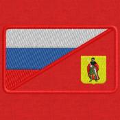 Триколор РФ и герб Рязани 75х45 с круглыми краями (Красный габардин)